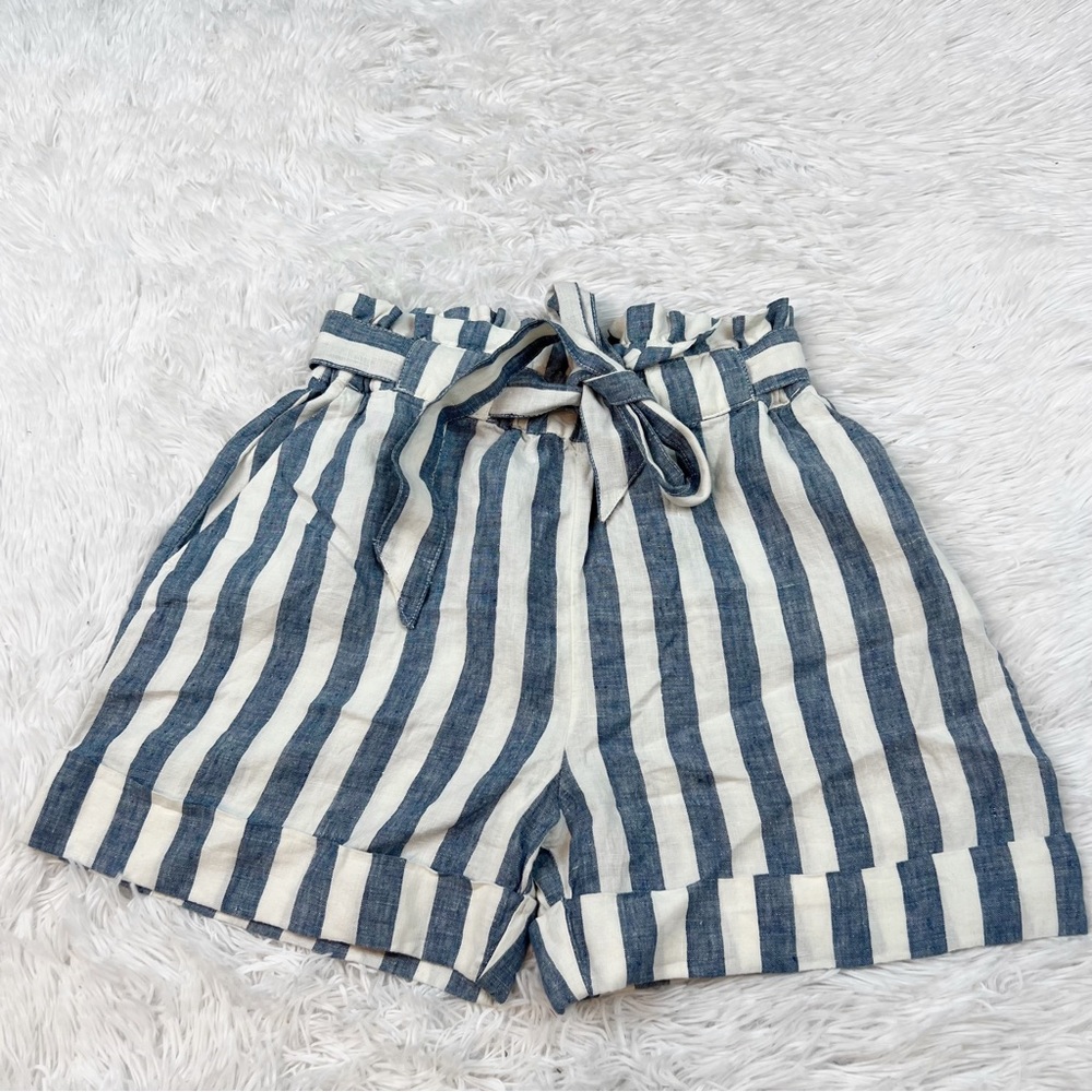 Mango paper bag striped linen shorts roll cuffs elastic waist tie waist